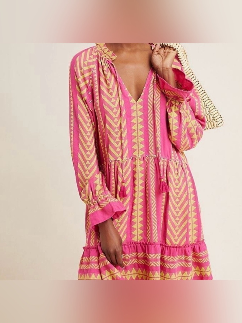 Maeve by Anthropologie Dominique boho tiered knee length dress pink yellow SP